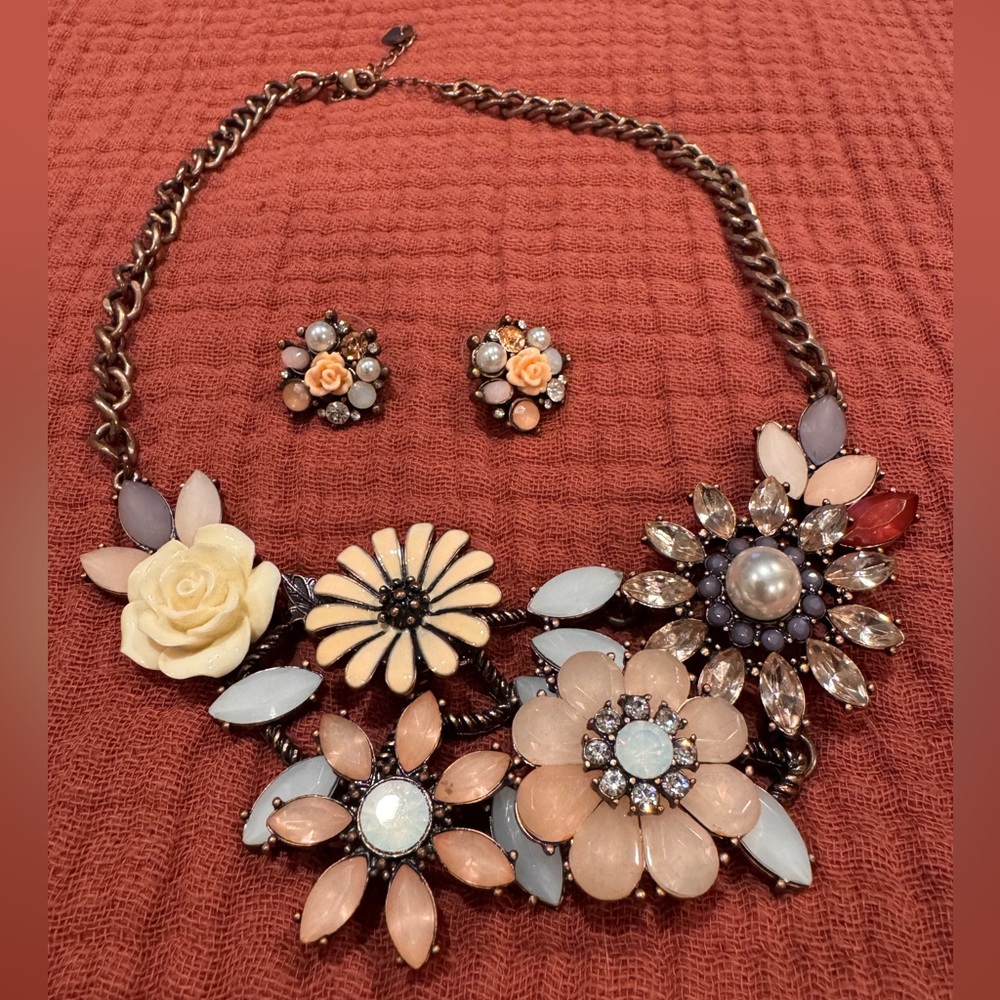 Park Lane Floral Necklace and Earring Set - Cream, Pink, Blue